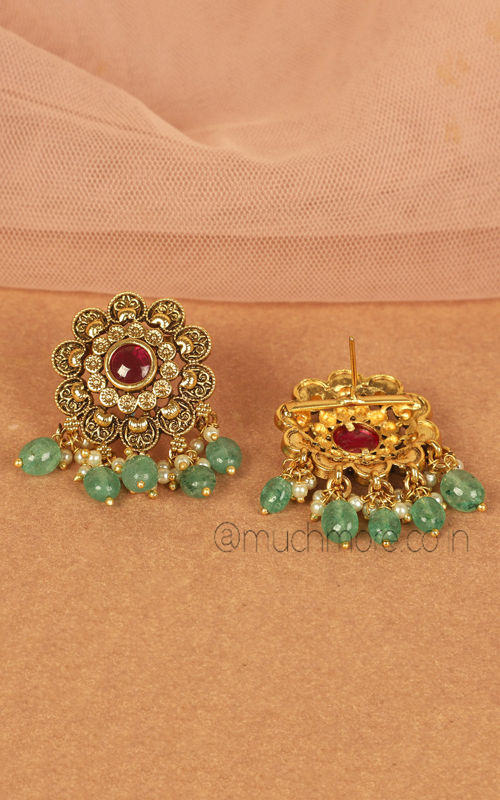 Gold Look Ruby Green Flower Inspired Earrings With Hangings