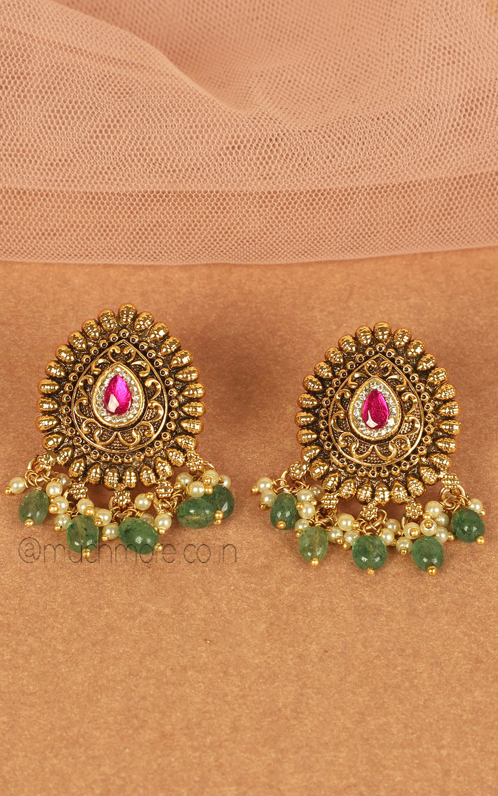 Gold Look Earrings In Ruby Green Color With Drop Of Emeralds