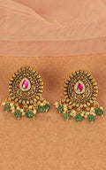 Gold Look Earrings In Ruby Green Color With Drop Of Emeralds