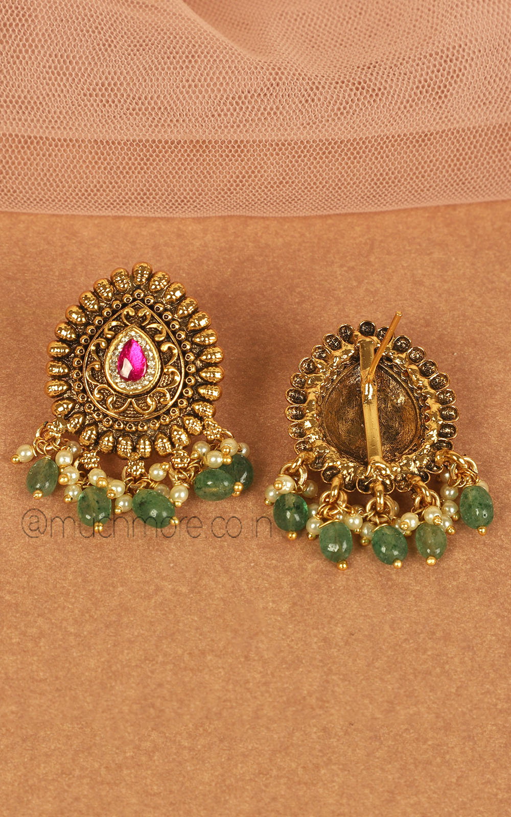 Gold Look Earrings In Ruby Green Color With Drop Of Emeralds