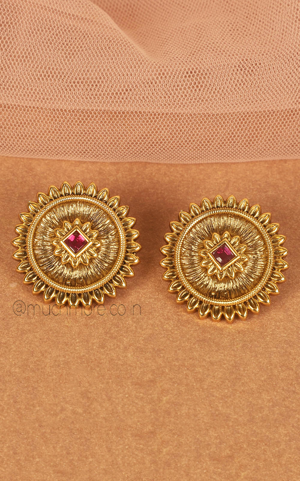 Round Shaped Gold Look Ruby Color Traditional Studs