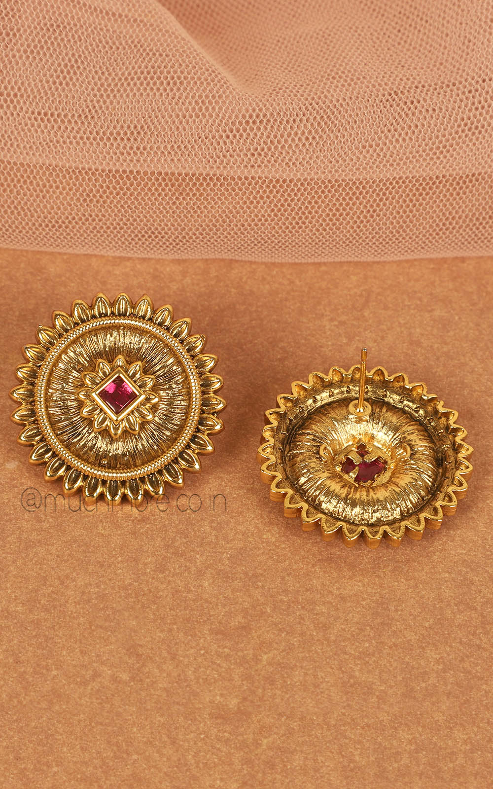 Round Shaped Gold Look Ruby Color Traditional Studs