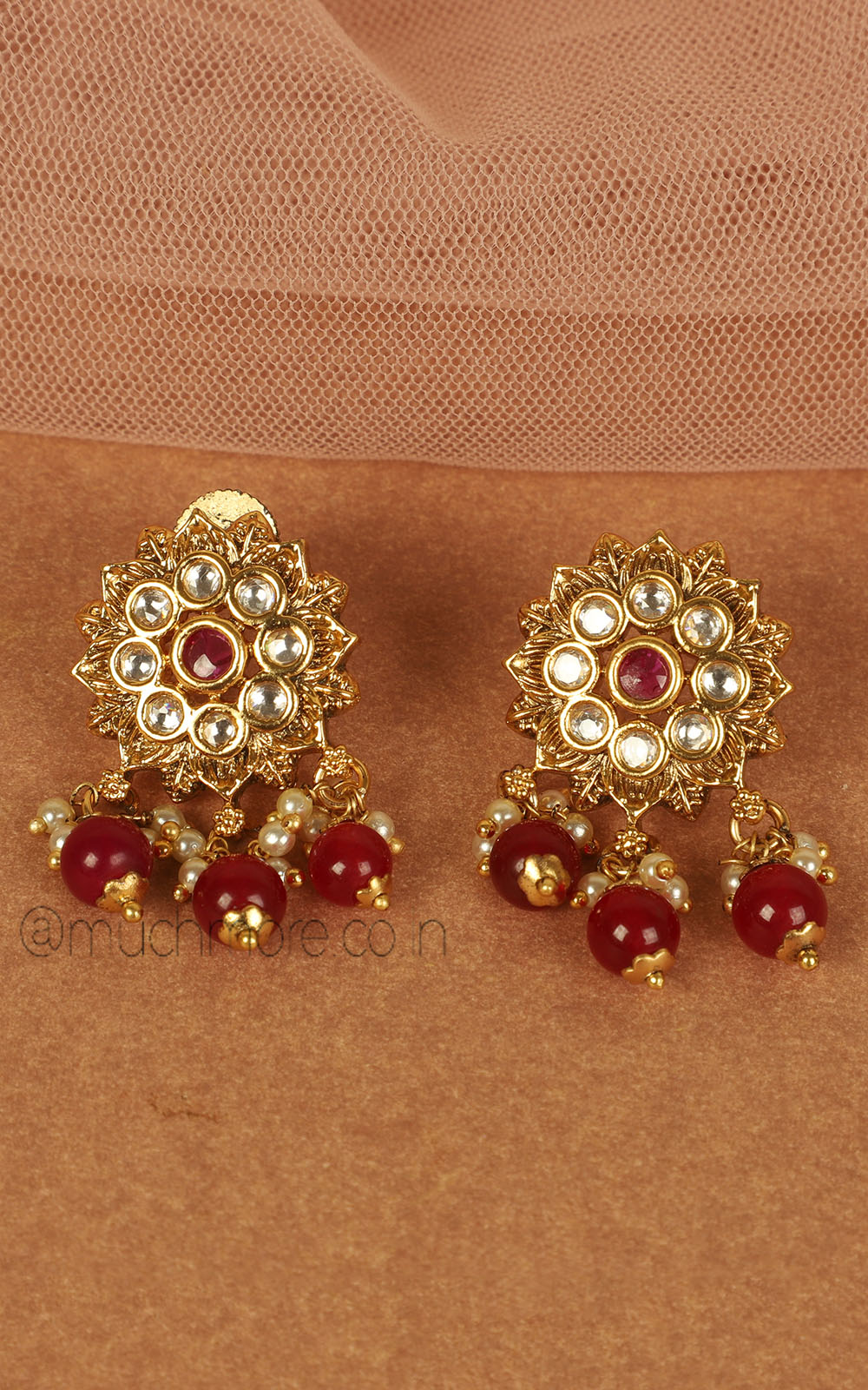 Gold Look Flora Earrings Witrh Kundan And Ruby Drops