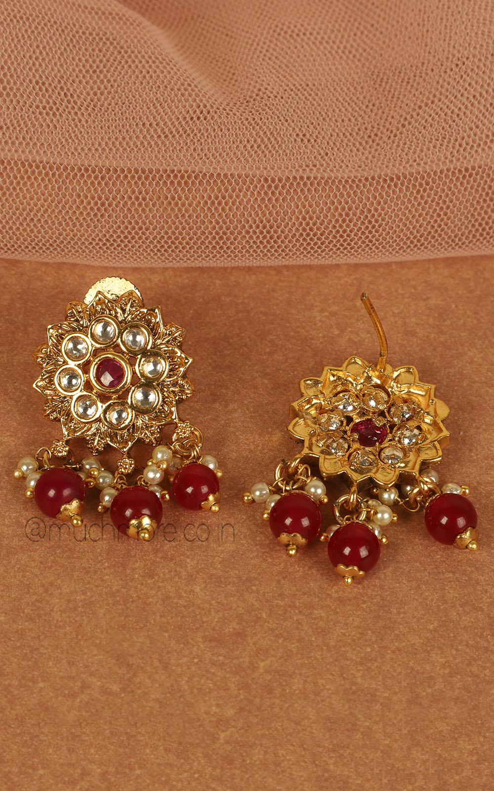 Gold Look Flora Earrings Witrh Kundan And Ruby Drops