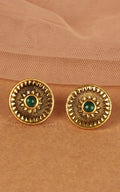 Round Shaped Emerald In Middle Gold Look Studs Earrings