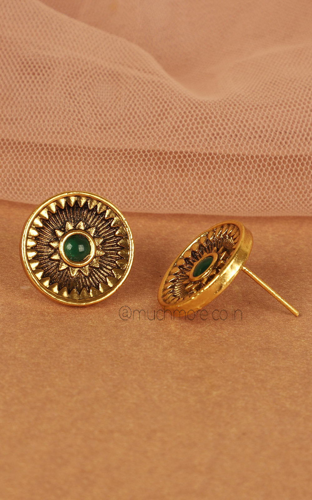 Round Shaped Emerald In Middle Gold Look Studs Earrings