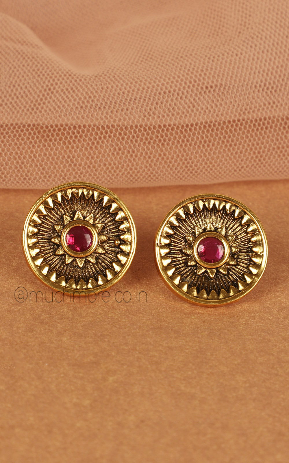 Gold Look Stud Earrings For Women In Ruby Color