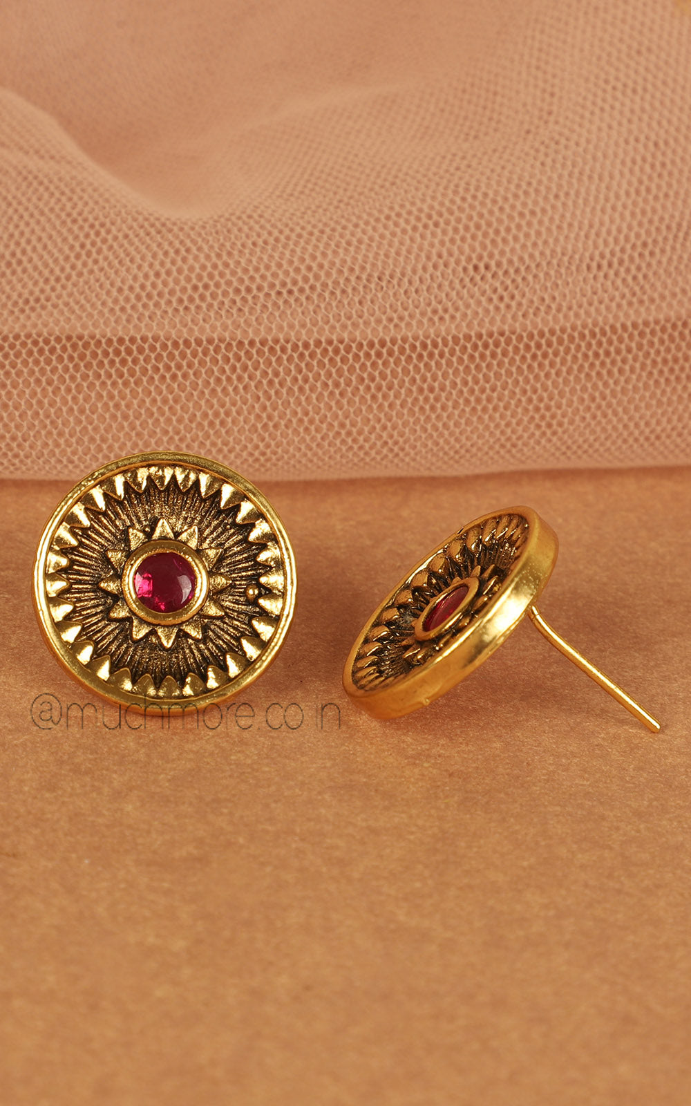 Gold Look Stud Earrings For Women In Ruby Color