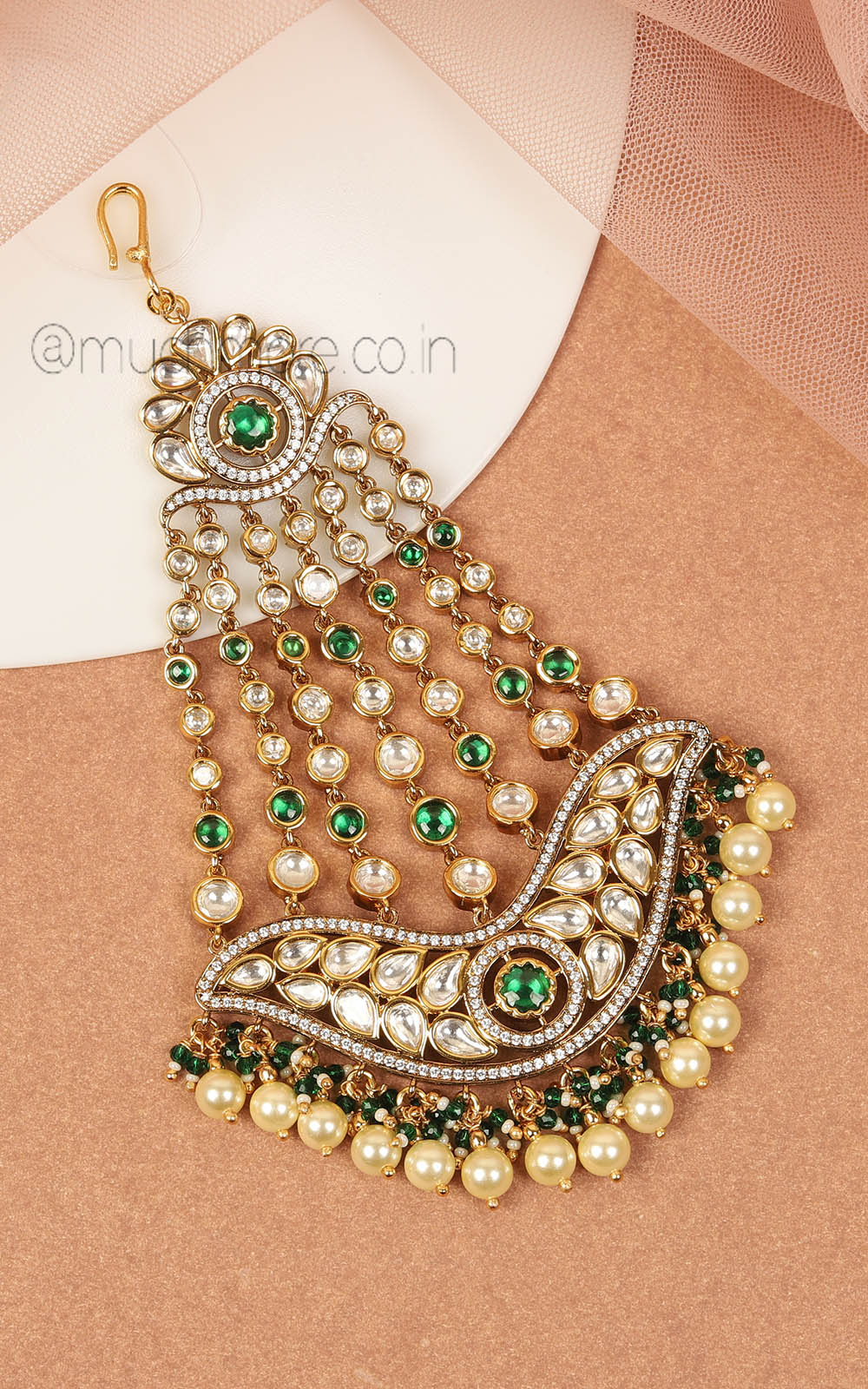 Kundan Pearl Jhoomer Emerald Green Passa For Bride