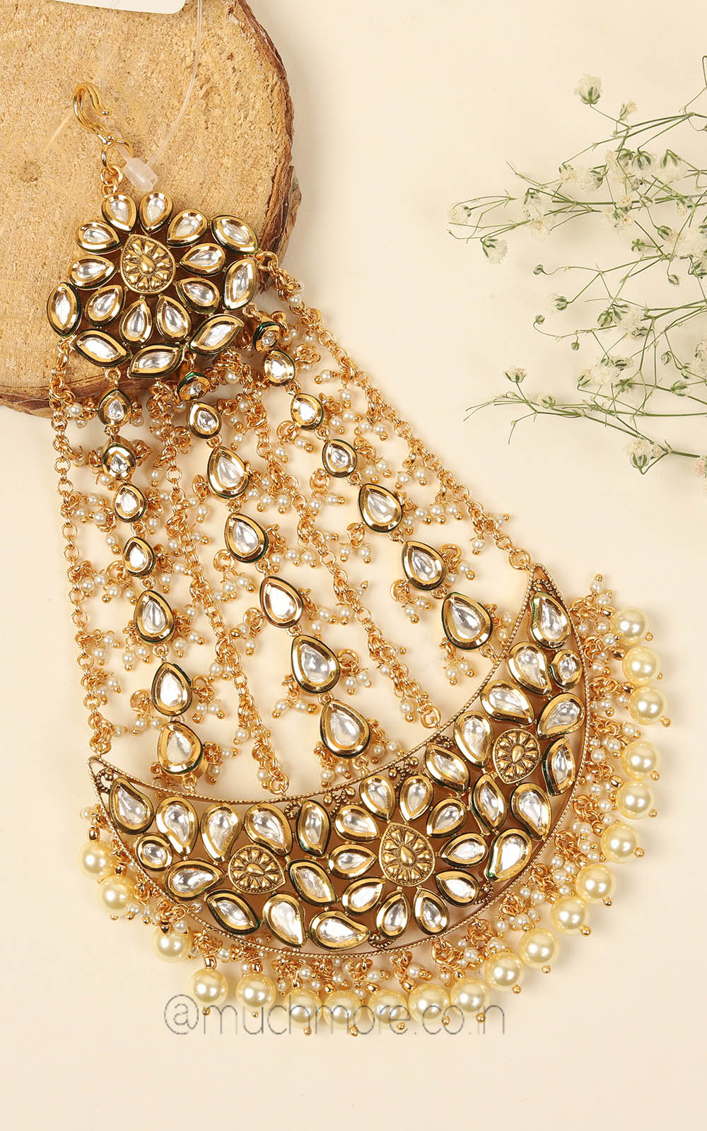 Beautifully Handcrafted Gold Polish Kundan Pearl Passa Side Jhoomer