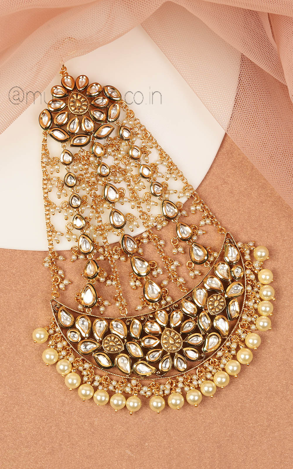 Beautifully Handcrafted Gold Polish Kundan Pearl Passa Side Jhoomer