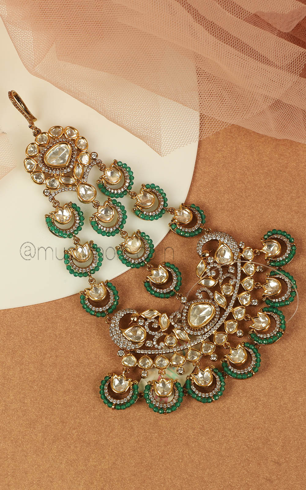 Gold Polish Emerald Green Beads Kundan Passa Side Jhoomer