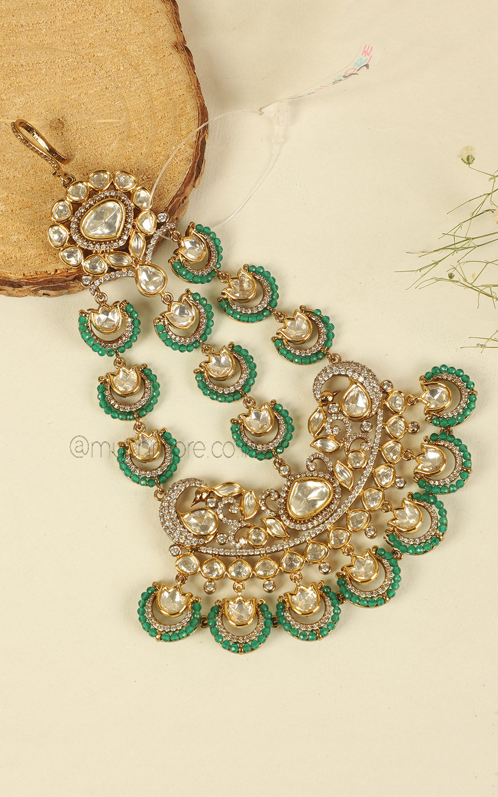 Gold Polish Emerald Green Beads Kundan Passa Side Jhoomer