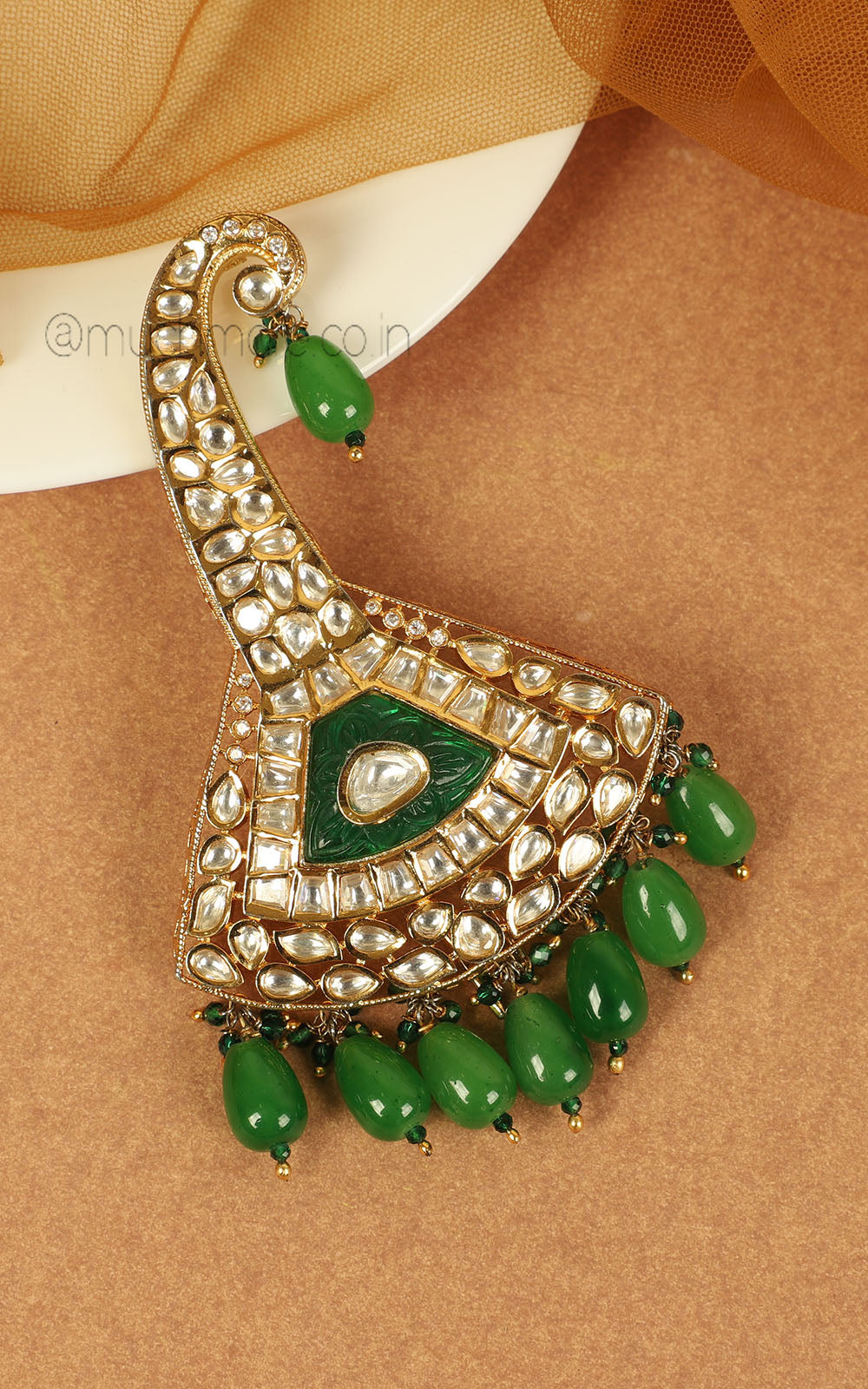 Uncut Kundan Emerald Green Droplets Kalgi Safa Pin
