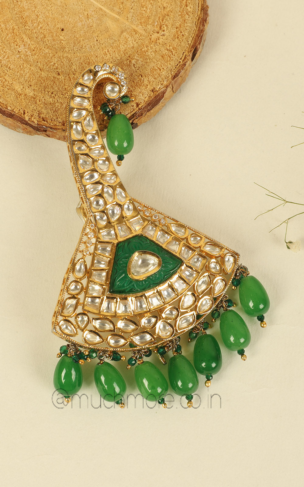 Uncut Kundan Emerald Green Droplets Kalgi Safa Pin