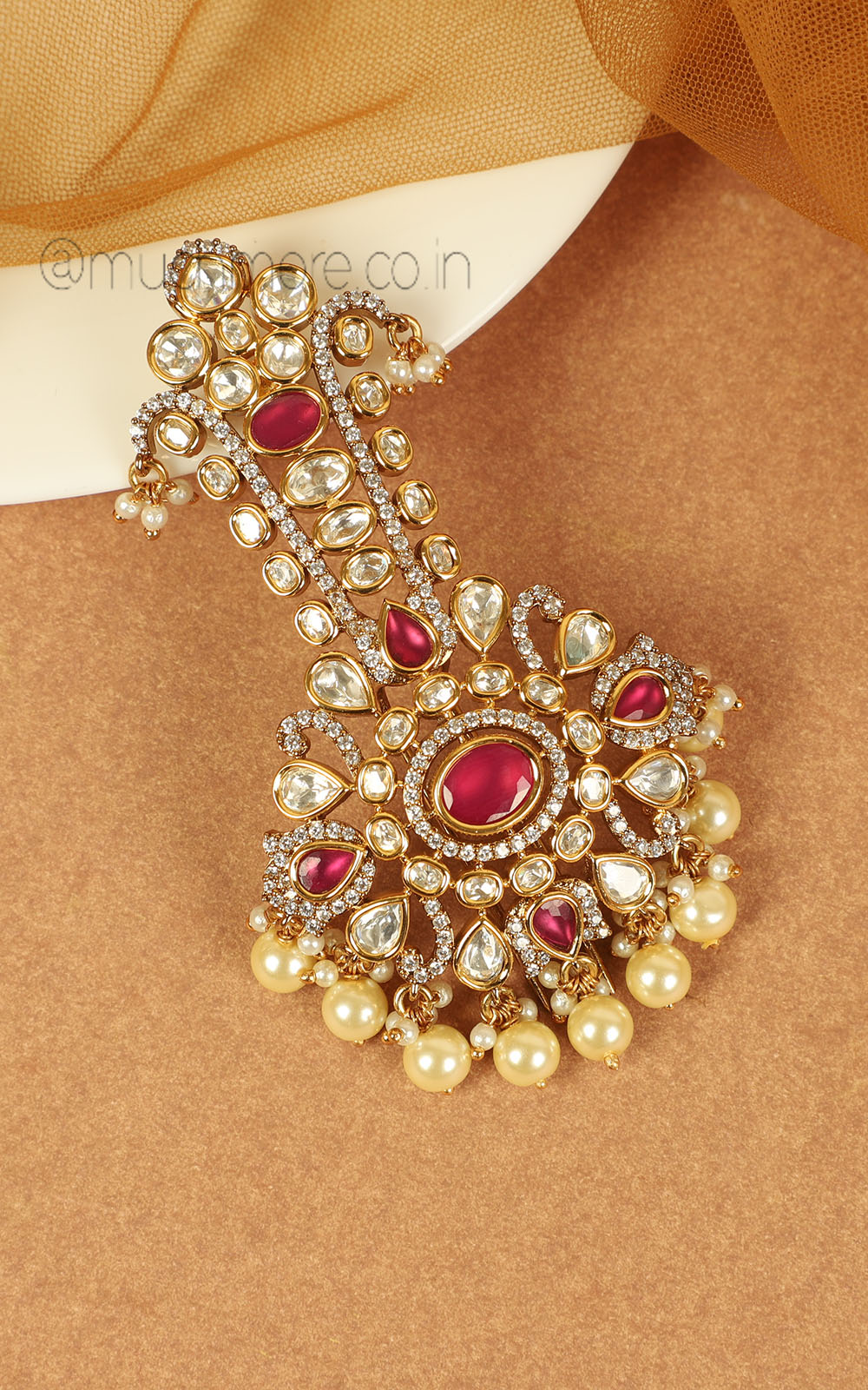 Small Size Ruby Kundan Kalgi With Pearl Hanging
