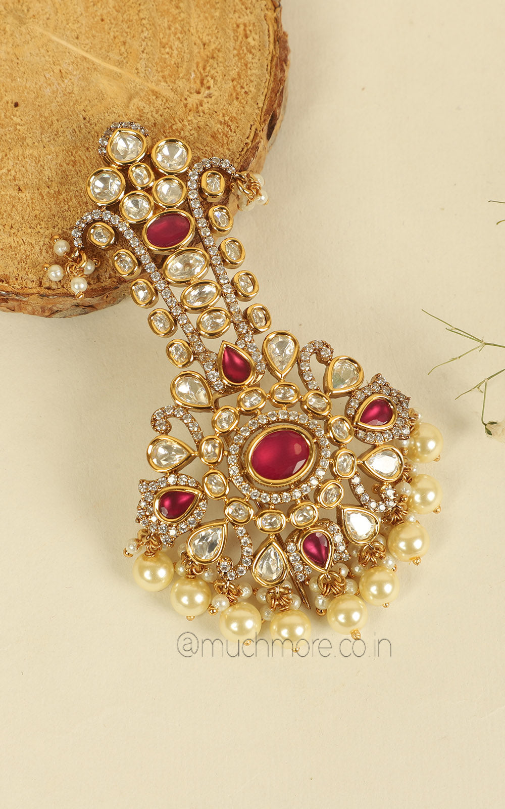 Small Size Ruby Kundan Kalgi With Pearl Hanging