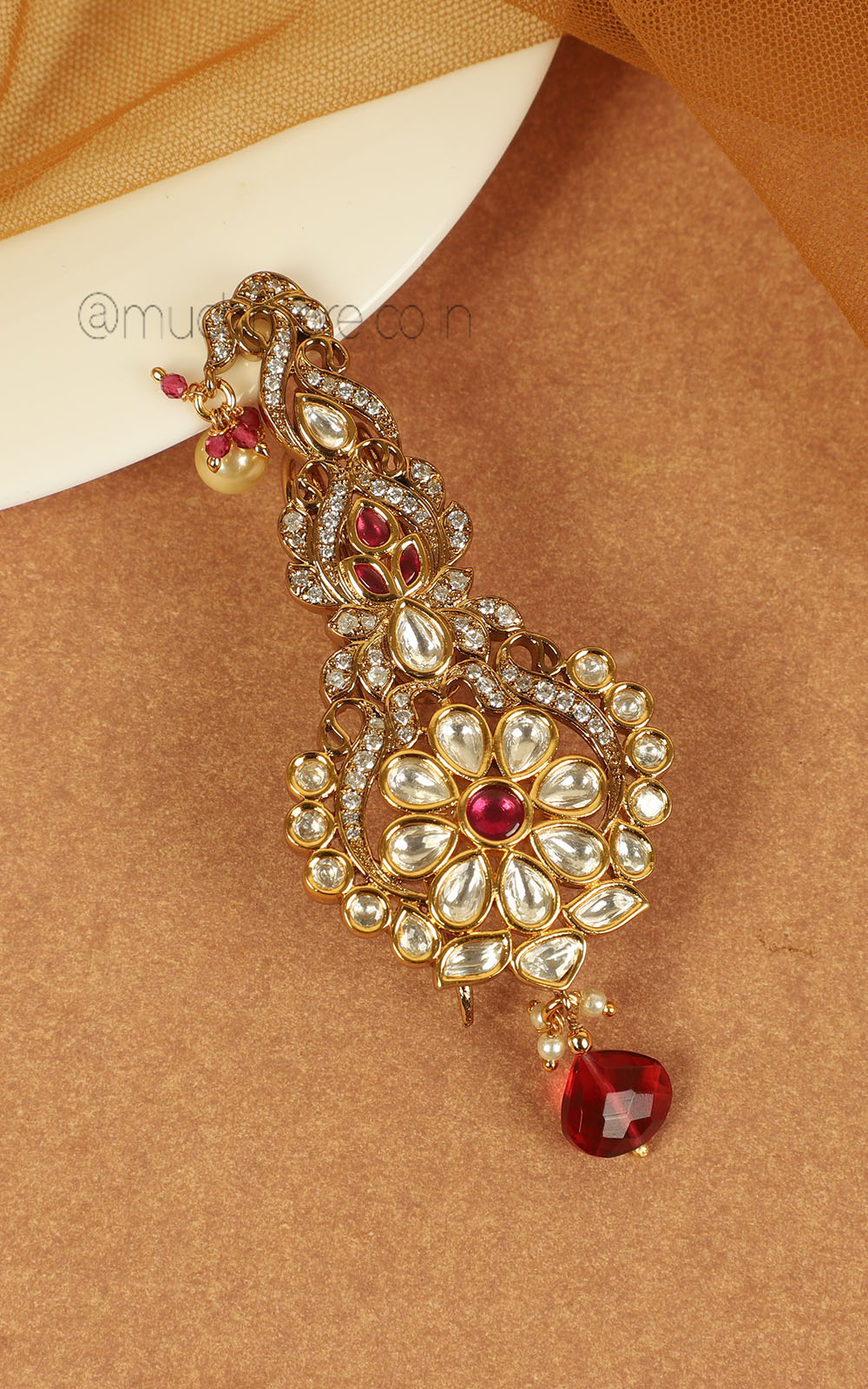 Gold Polish Kundan Diamond Kalgi With Ruby Droplet