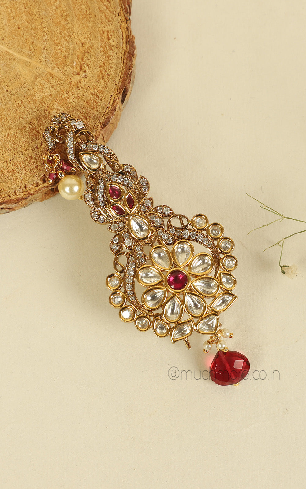 Gold Polish Kundan Diamond Kalgi With Ruby Droplet