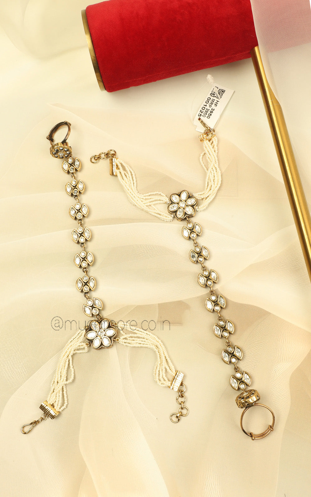 Antique Polish Kundan Pearl Hathphool For Brides
