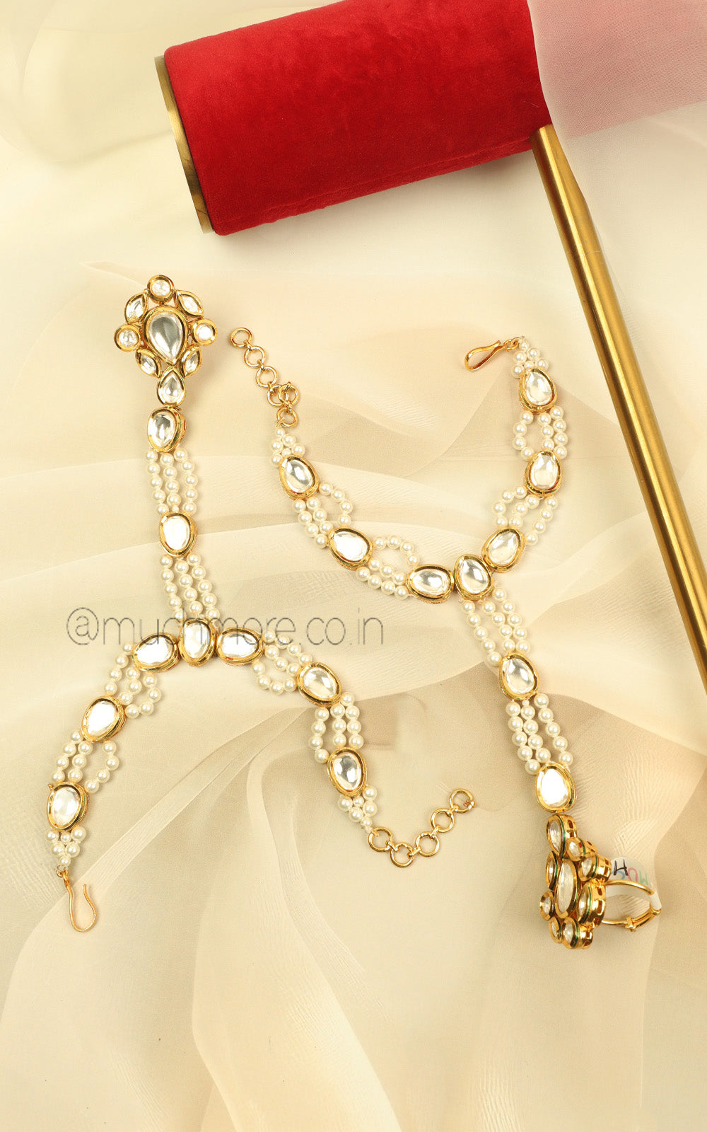 Hand Beaded Pearl And Kundan Hathphool For Bridal Jewels