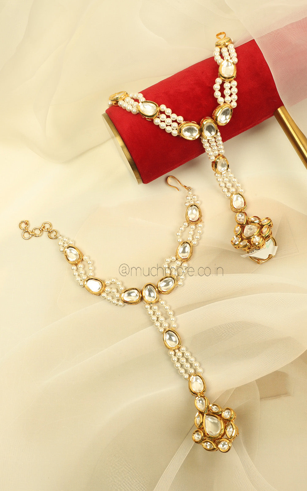Hand Beaded Pearl And Kundan Hathphool For Bridal Jewels