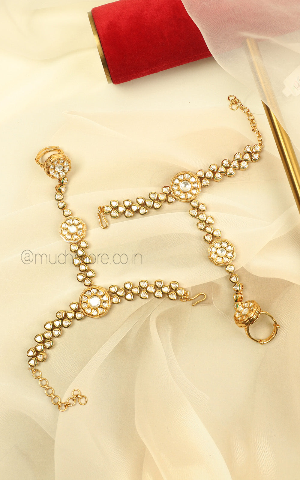 CLassic Gold Polish Bridal Kundan Hathphool With Gold Finish