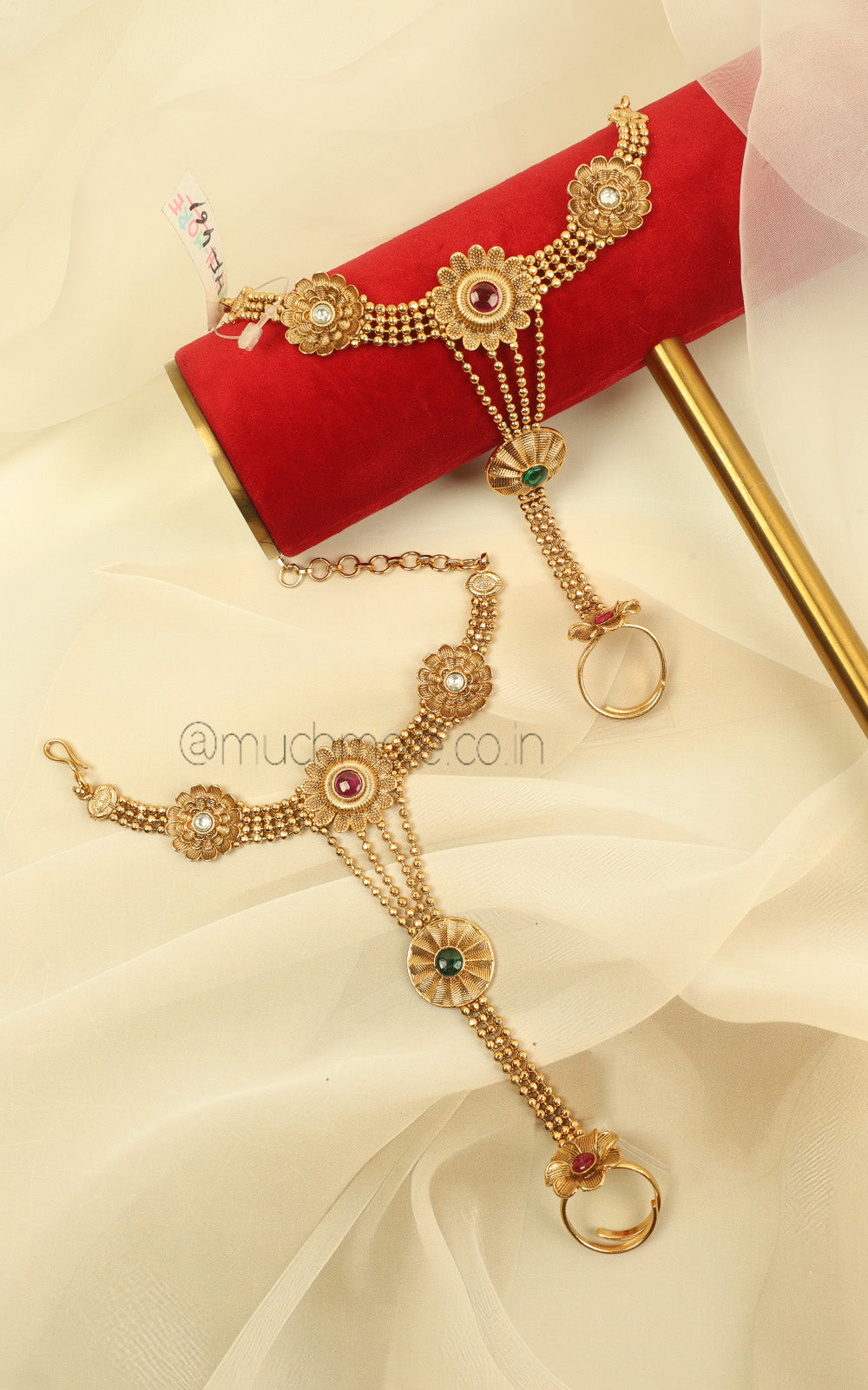Traditional Gold Look Ruby Green Hathphool For Bridal Hand Jewellery
