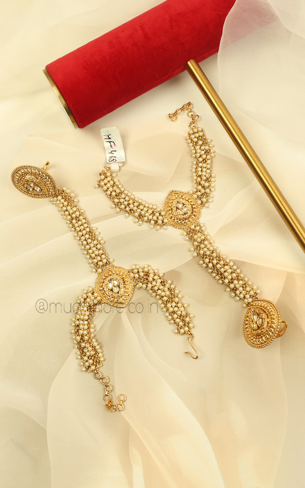 Gold Look Pearl Hathphool Ring Bracelet For Bride To be