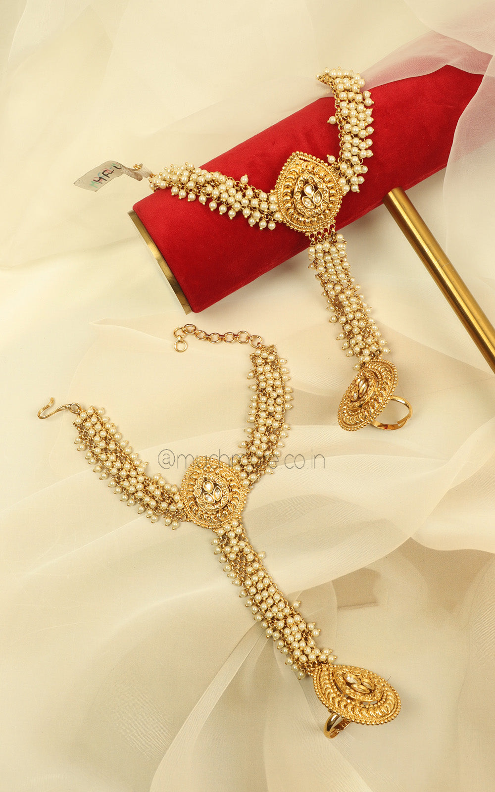 Gold Look Pearl Hathphool Ring Bracelet For Bride To be
