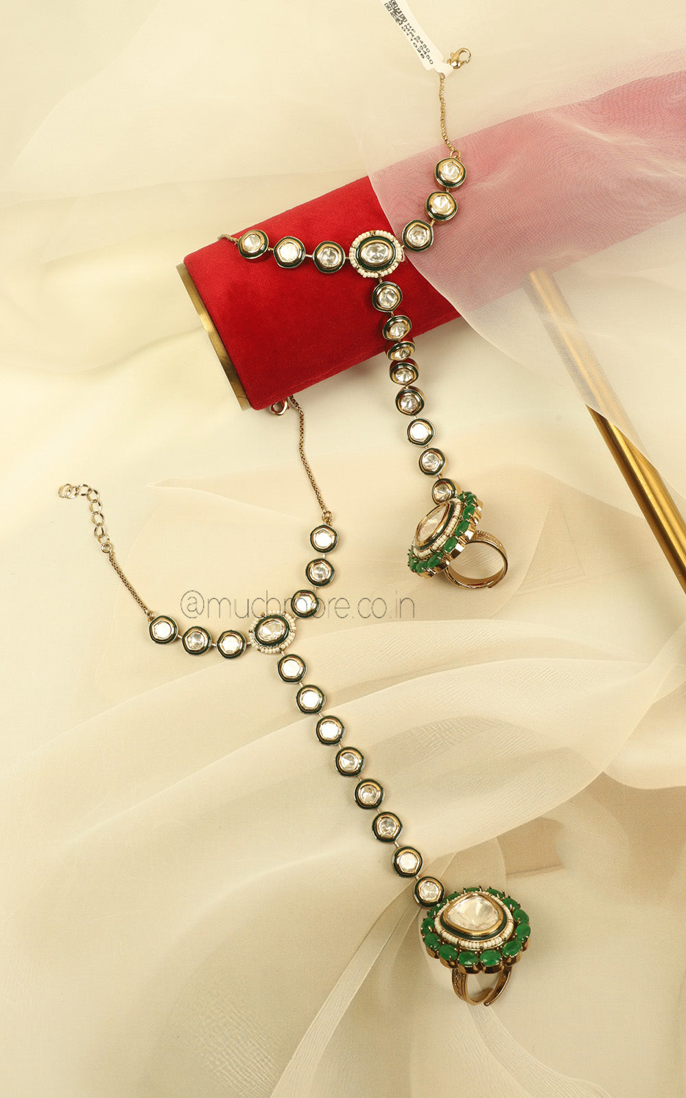 Emerald Green Kundan Polki Hathphool For Brides