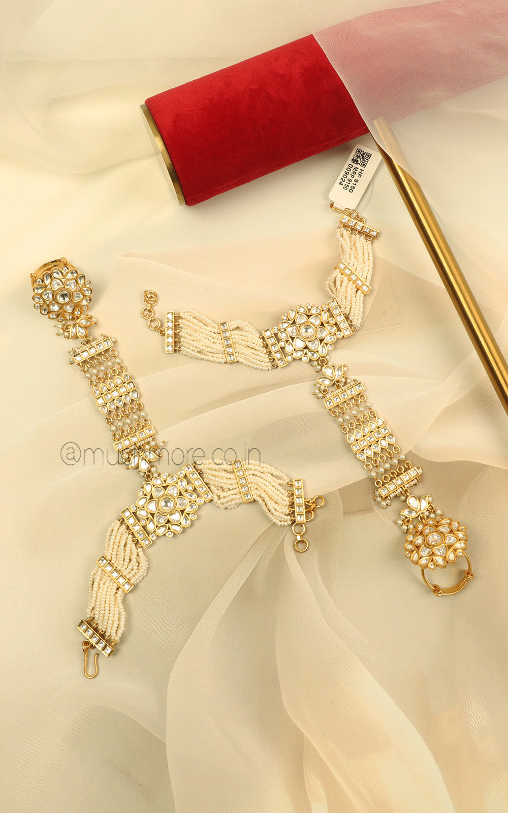 Heavy Pearl Hand Beaded Kundan Hathphool For Indian Brides