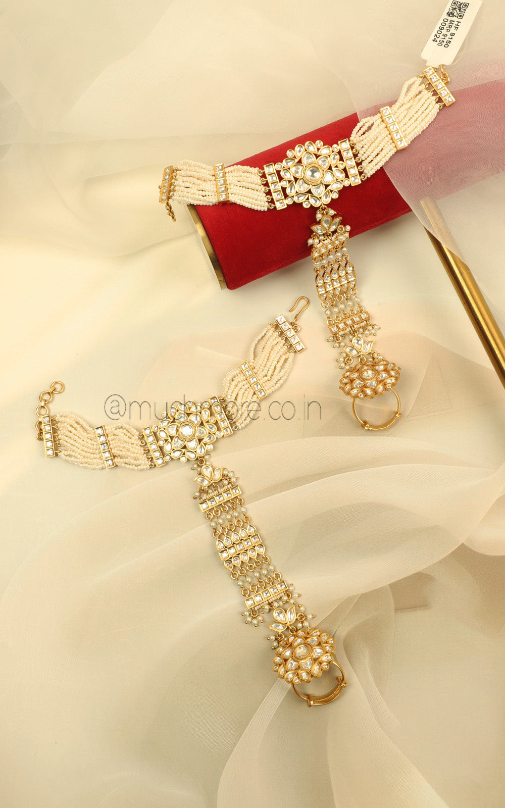 Heavy Pearl Hand Beaded Kundan Hathphool For Indian Brides