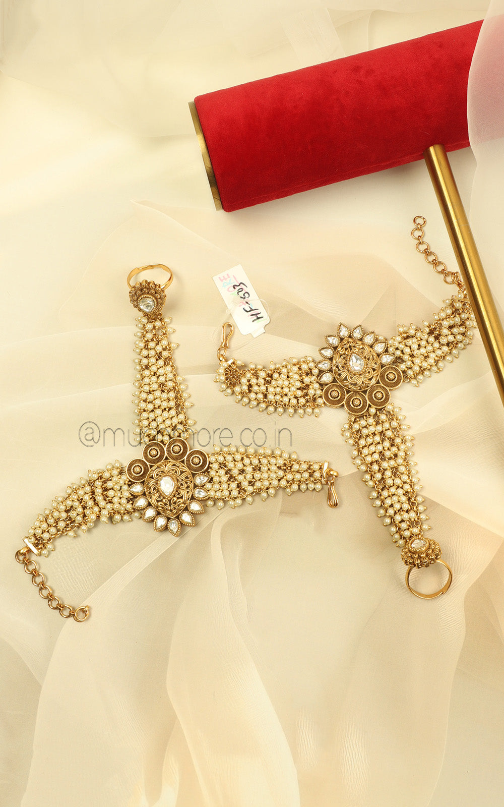 Gold Look Pearl Hathphool Ring Bracelet For Indian Weddings