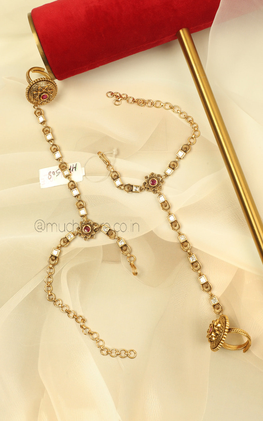 Sleek Light Ruby Color Gold Look Hathphool For Brides