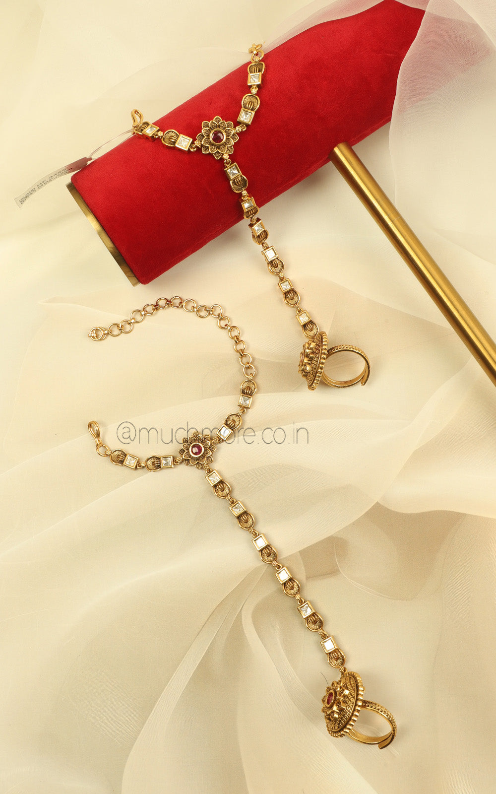 Sleek Light Ruby Color Gold Look Hathphool For Brides