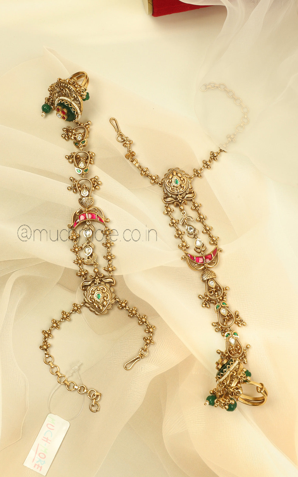 Ruby Green Gold Look Traditional Hathphool For Bride Jewellery