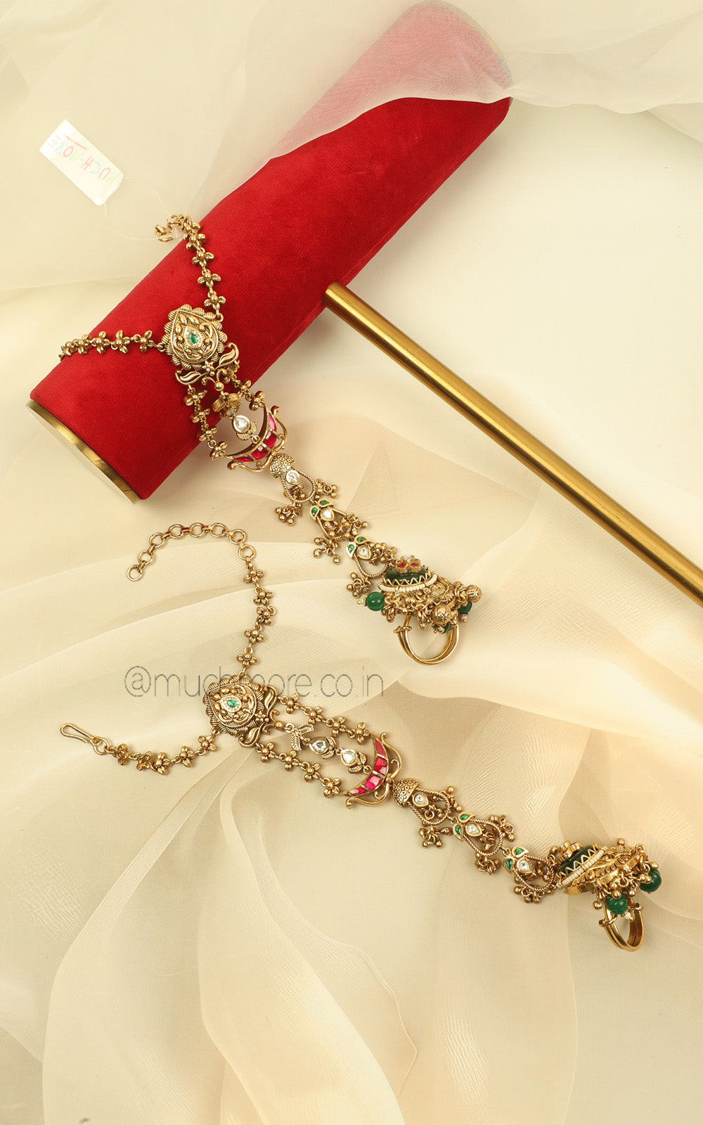 Ruby Green Gold Look Traditional Hathphool For Bride Jewellery