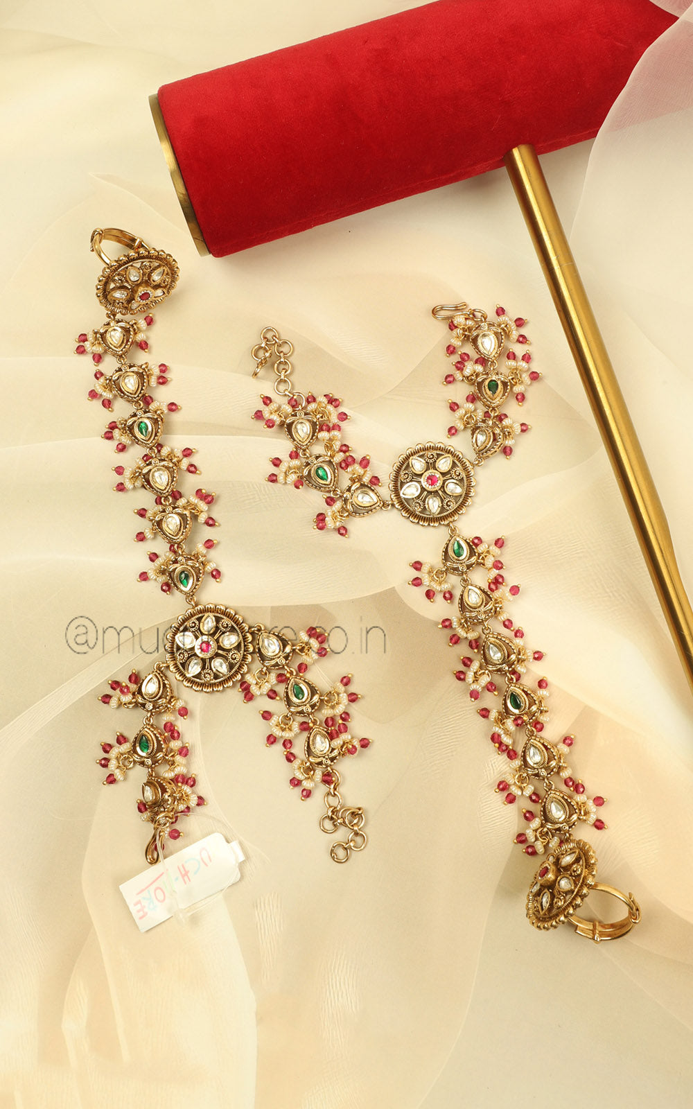 Ruby Green Color Antique Gold Polish Hathphool For Brides