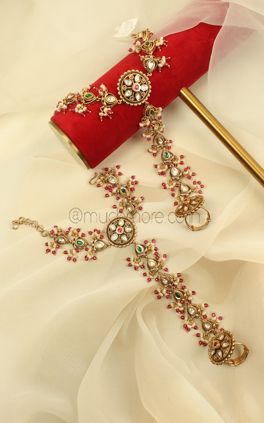 Ruby Green Color Antique Gold Polish Hathphool For Brides