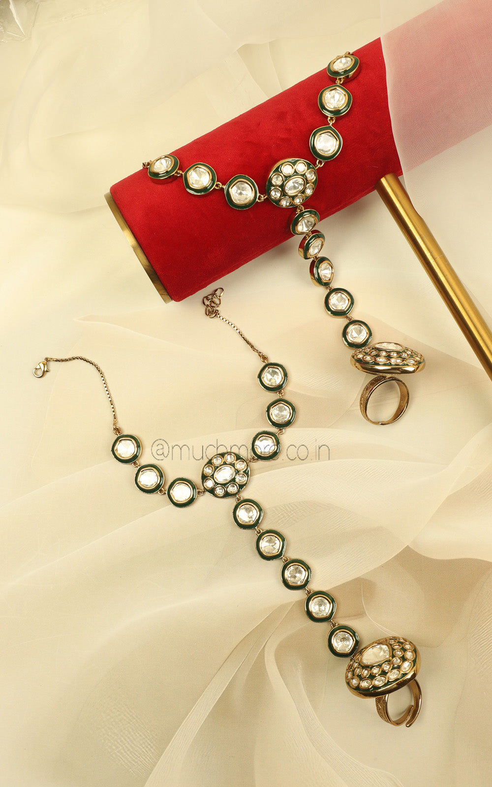 Bridal Emerald Green Polki Meenakari Hathphool Buy Online