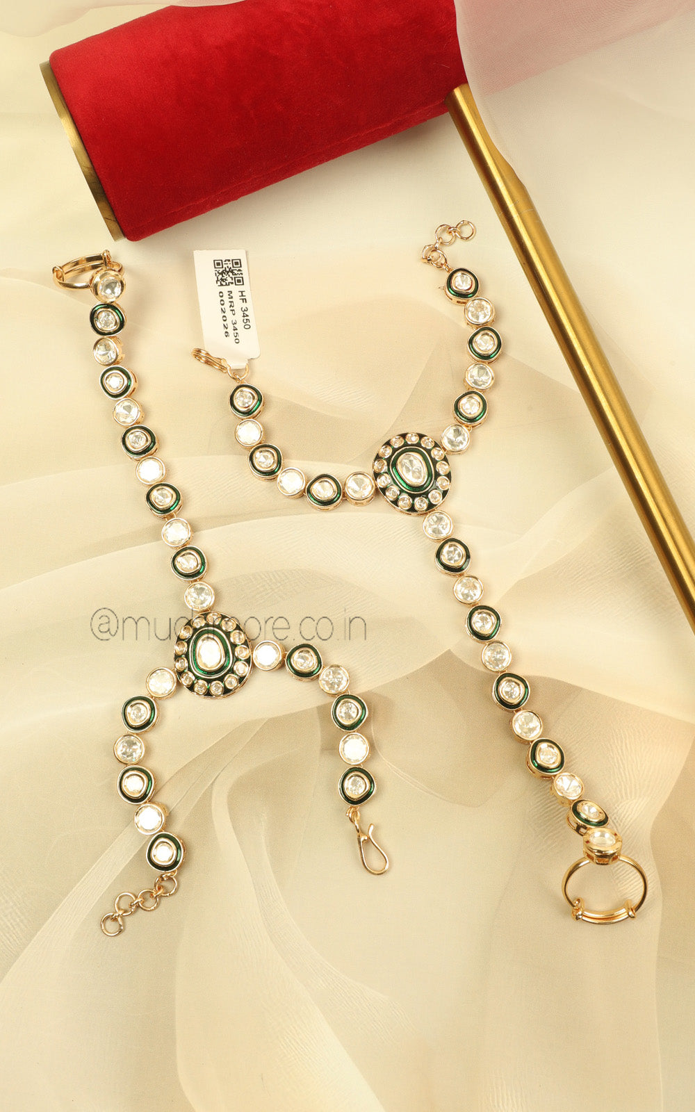 Emerald Green Meena Work Kundan Bridal Hathphool Ring Bracelet