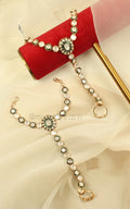 Emerald Green Meena Work Kundan Bridal Hathphool Ring Bracelet