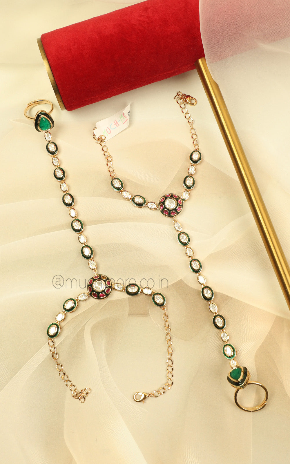 Emerald Green Ruby Meena Work Kundan Bridal Hathphool