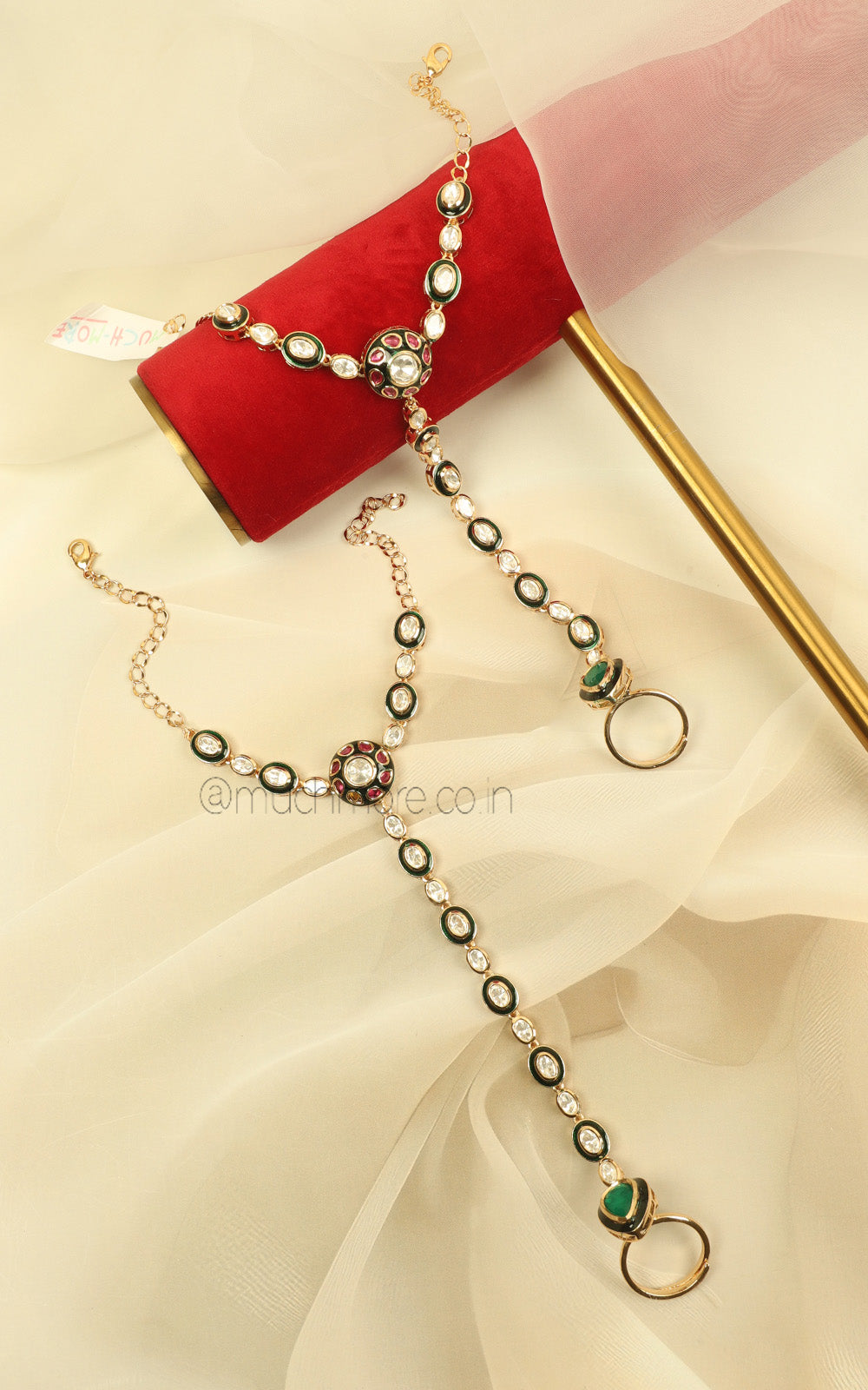 Emerald Green Ruby Meena Work Kundan Bridal Hathphool