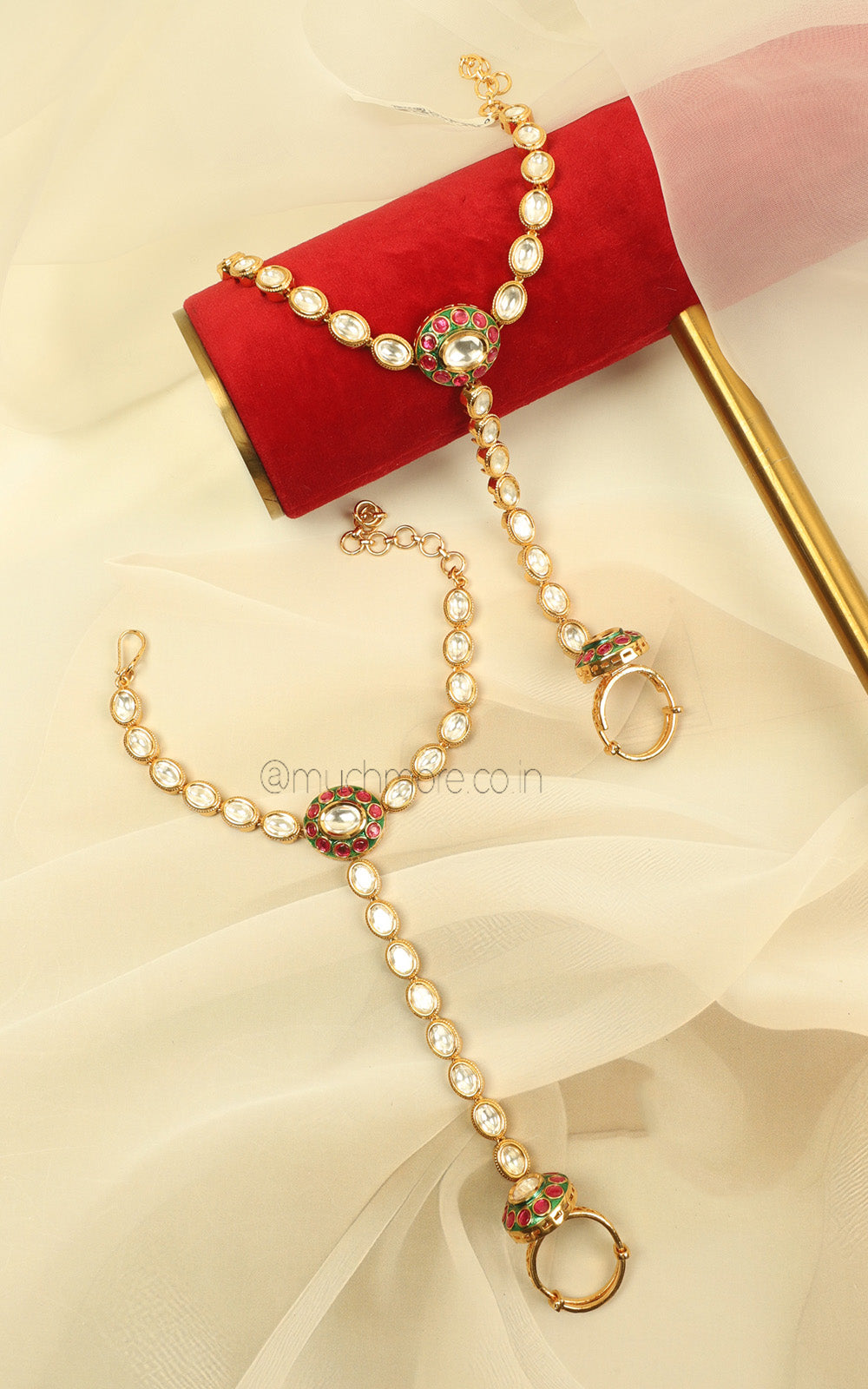 Bridal Hand Jewellery Hathphool In Ruby Green With Kundan