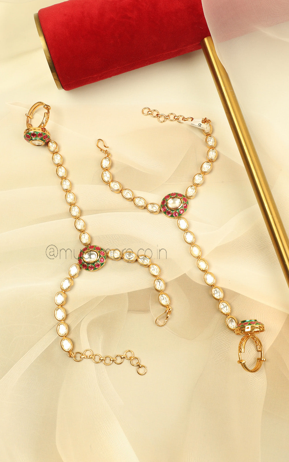 Bridal Hand Jewellery Hathphool In Ruby Green With Kundan