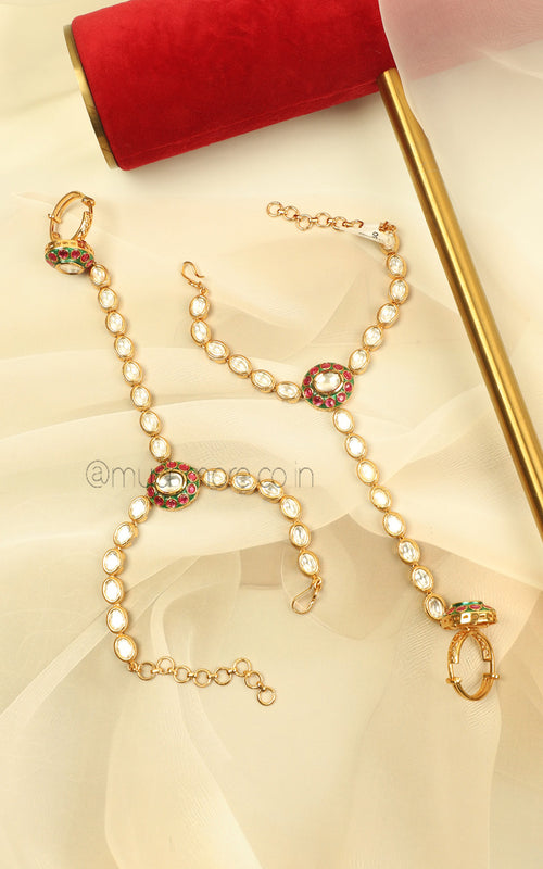 Bridal Hand Jewellery Hathphool In Ruby Green With Kundan