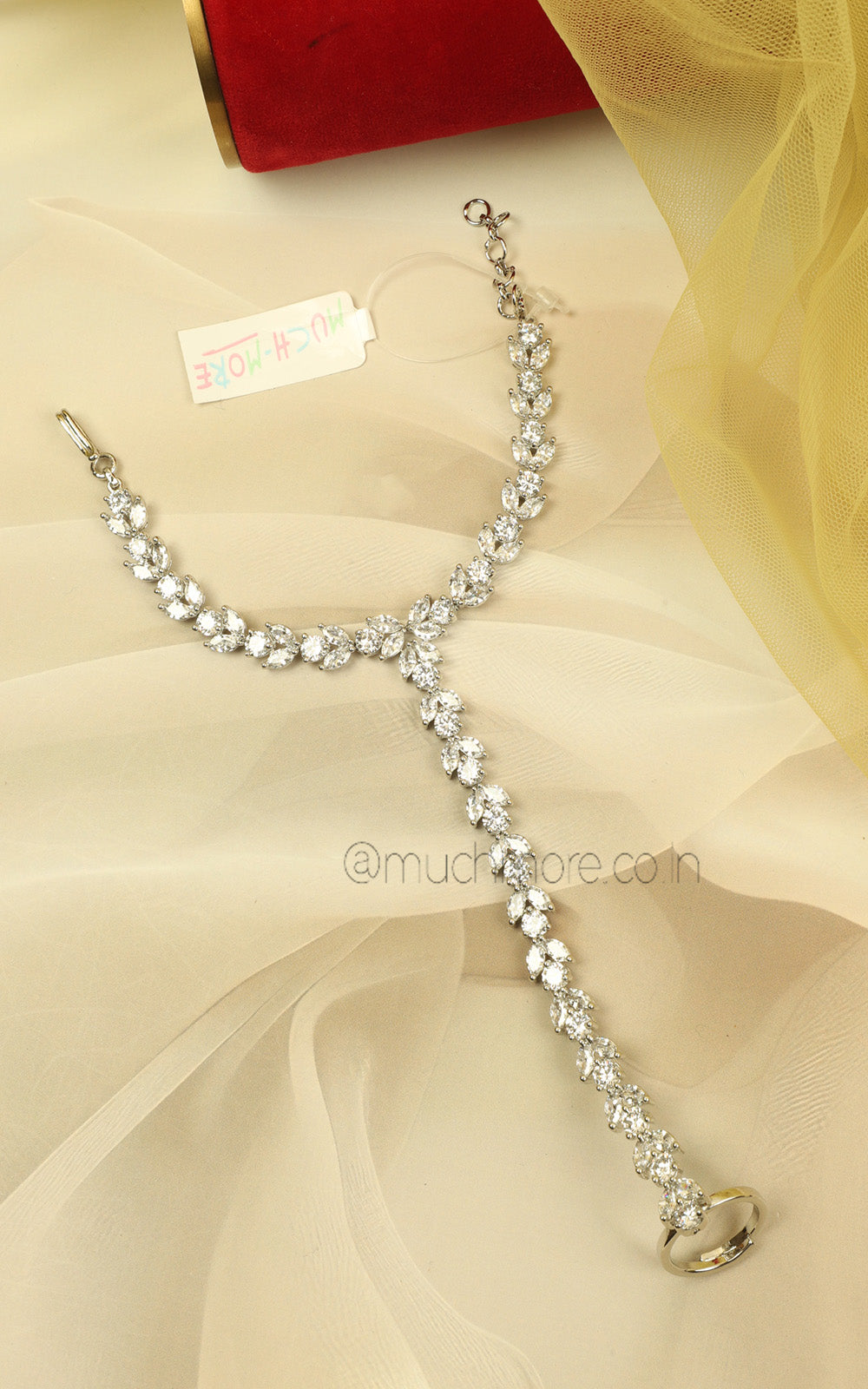 Elegant Silver Zircon Diamond Hathphool Bracelet Ring