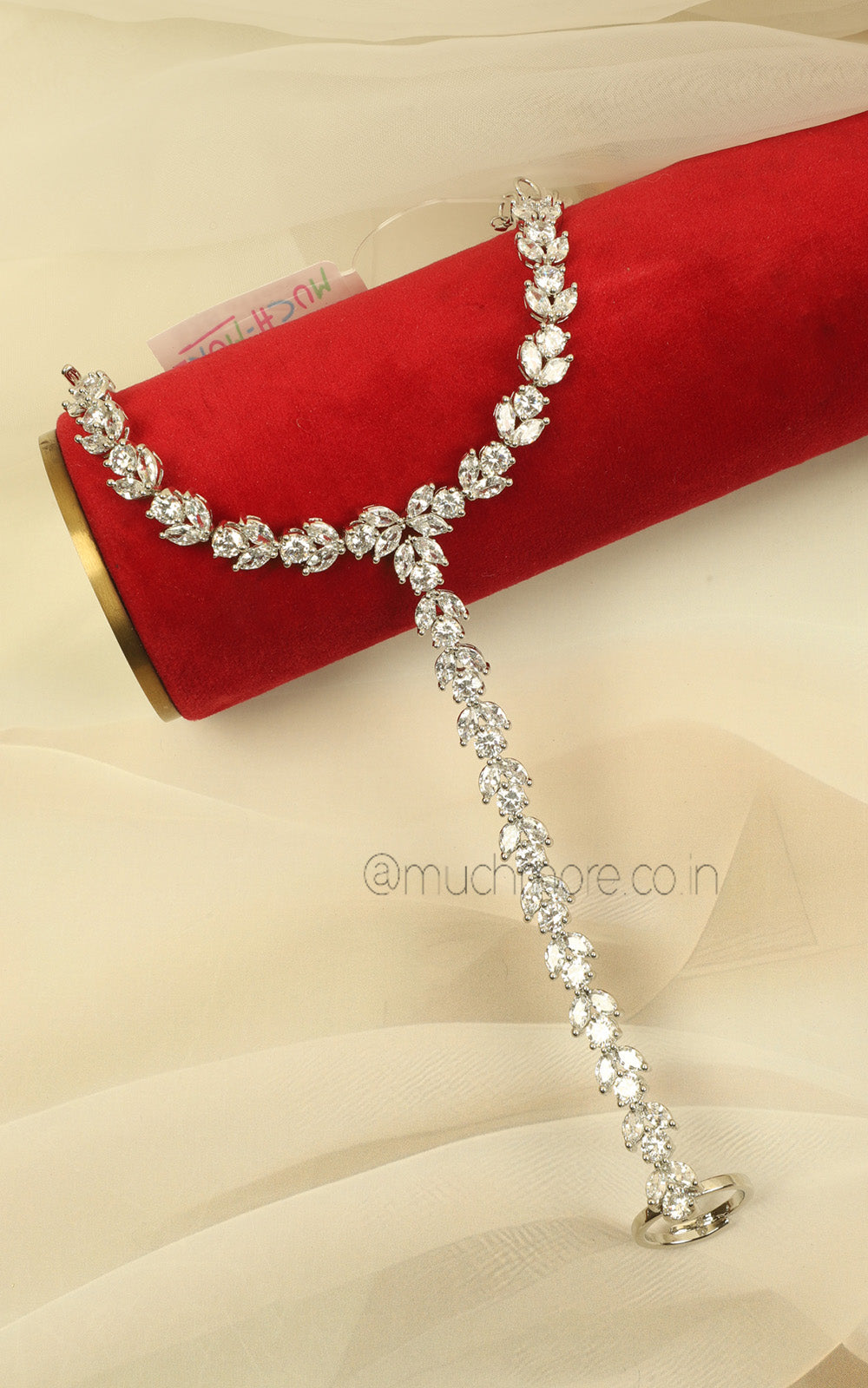 Elegant Silver Zircon Diamond Hathphool Bracelet Ring